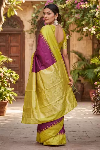 YELLOW WINE ART SILK JACUARD WORK SAREE WITH UNSTITCHED BLOUSE PIECE