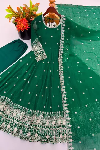 Dark-green silk blend embroidered flared gown set