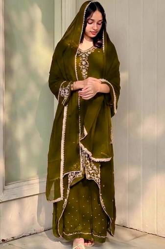 Dark-olive faux georgette embroidered palazzo set