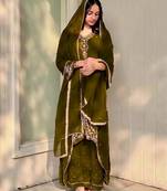 Dark-olive faux georgette embroidered palazzo set