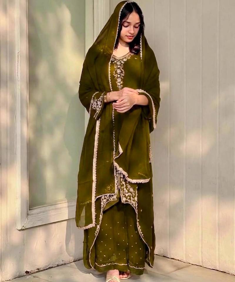 Dark-olive faux georgette embroidered palazzo set