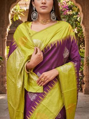 YELLOW WINE ART SILK JACUARD WORK SAREE WITH UNSTITCHED BLOUSE PIECE 4