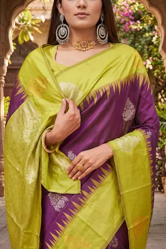 YELLOW WINE ART SILK JACUARD WORK SAREE WITH UNSTITCHED BLOUSE PIECE