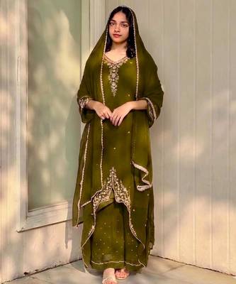 Dark-olive faux georgette embroidered palazzo set 2