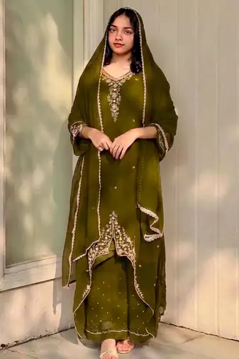 Dark-olive faux georgette embroidered palazzo set