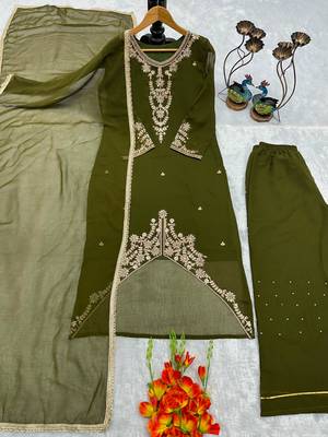 Dark-olive faux georgette embroidered palazzo set 3