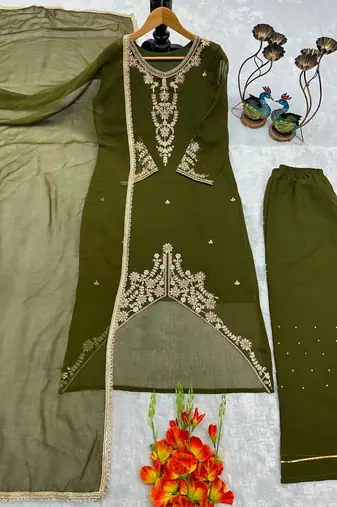 Dark-olive faux georgette embroidered palazzo set
