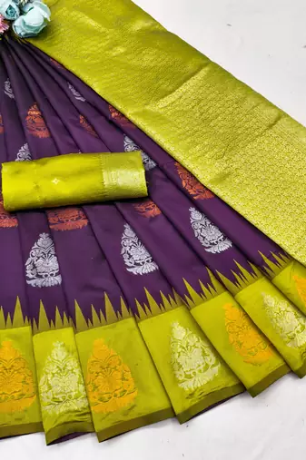 YELLOW WINE ART SILK JACUARD WORK SAREE WITH UNSTITCHED BLOUSE PIECE