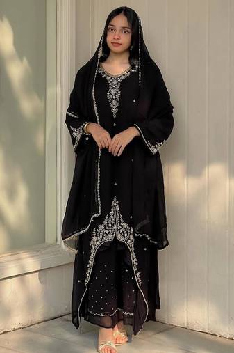 Black faux georgette embroidered palazzo set