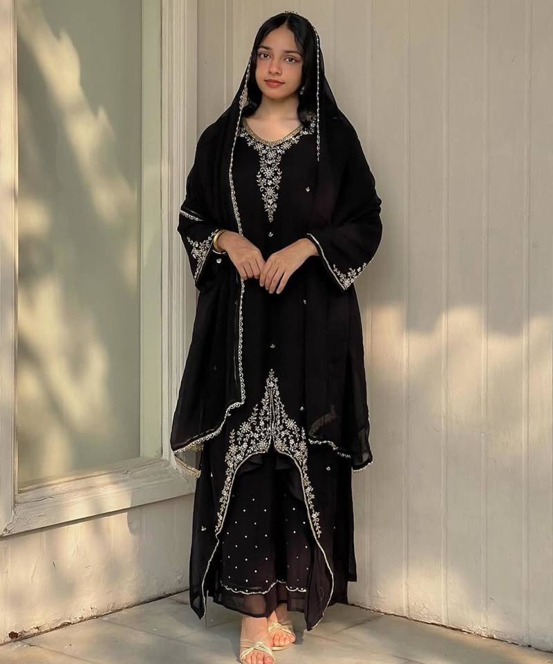 Black faux georgette embroidered palazzo set