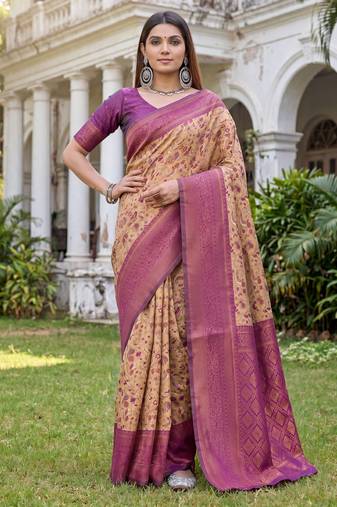 BEIGE WINE ART SILK BANARASI JACUARD WORK SAREE WITH UNSTITCHED BLOUSE PIECE