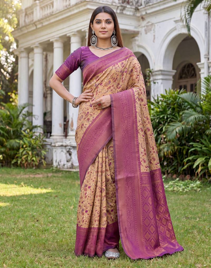 BEIGE WINE ART SILK BANARASI JACUARD WORK SAREE WITH UNSTITCHED BLOUSE PIECE