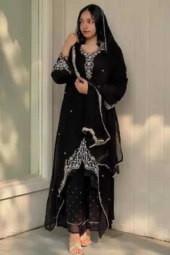 Black faux georgette embroidered palazzo set