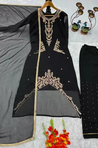 Black faux georgette embroidered palazzo set