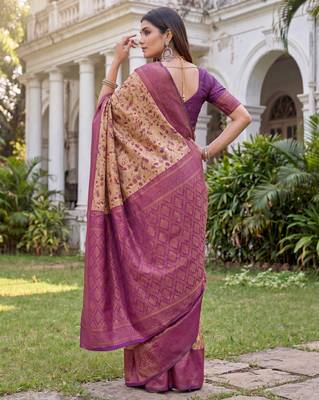 BEIGE WINE ART SILK BANARASI JACUARD WORK SAREE WITH UNSTITCHED BLOUSE PIECE 2