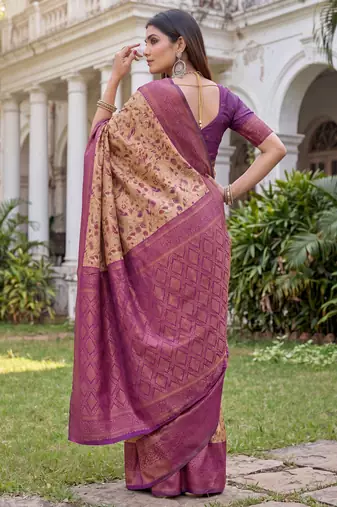BEIGE WINE ART SILK BANARASI JACUARD WORK SAREE WITH UNSTITCHED BLOUSE PIECE