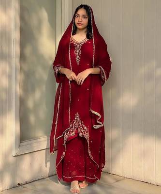 Red faux georgette embroidered palazzo set 1