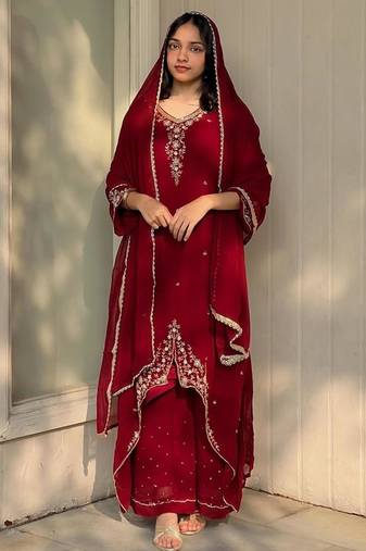 Red faux georgette embroidered palazzo set