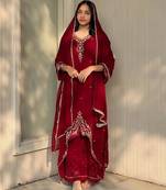 Red faux georgette embroidered palazzo set