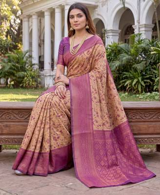 BEIGE WINE ART SILK BANARASI JACUARD WORK SAREE WITH UNSTITCHED BLOUSE PIECE 3