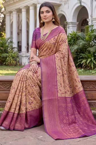 BEIGE WINE ART SILK BANARASI JACUARD WORK SAREE WITH UNSTITCHED BLOUSE PIECE
