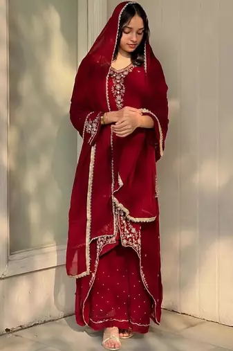 Red faux georgette embroidered palazzo set