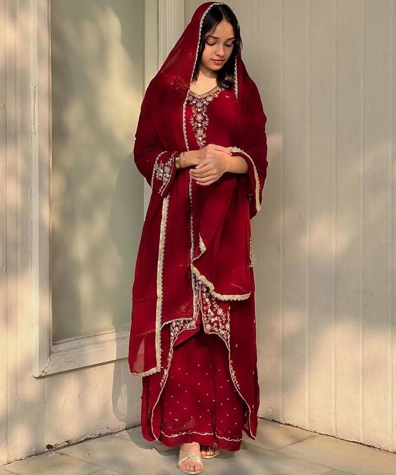 Red faux georgette embroidered palazzo set