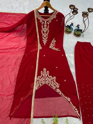 Red faux georgette embroidered palazzo set 3