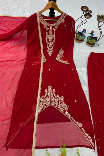 Red faux georgette embroidered palazzo set