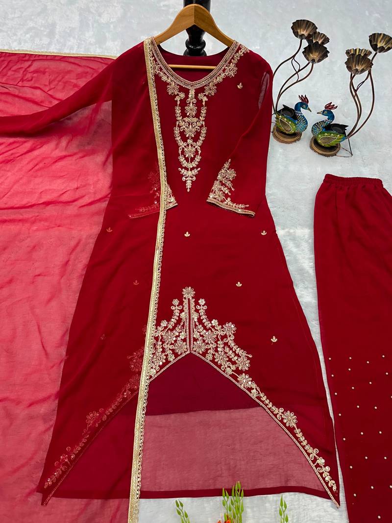 Red faux georgette embroidered palazzo set