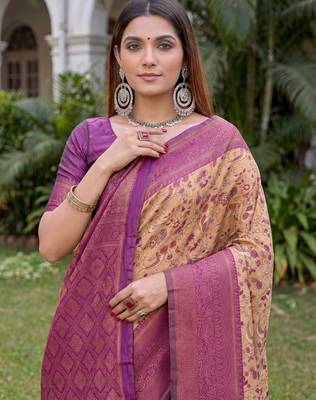 BEIGE WINE ART SILK BANARASI JACUARD WORK SAREE WITH UNSTITCHED BLOUSE PIECE 4