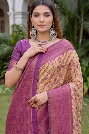BEIGE WINE ART SILK BANARASI JACUARD WORK SAREE WITH UNSTITCHED BLOUSE PIECE