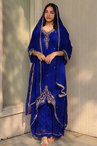 Blue faux georgette embroidered palazzo set