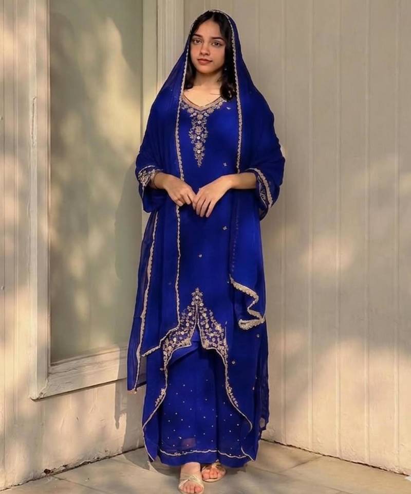 Blue faux georgette embroidered palazzo set