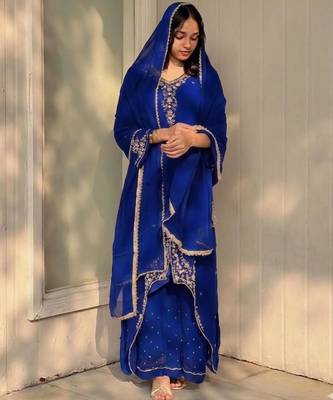 Blue faux georgette embroidered palazzo set 2