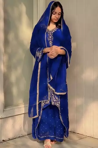 Blue faux georgette embroidered palazzo set