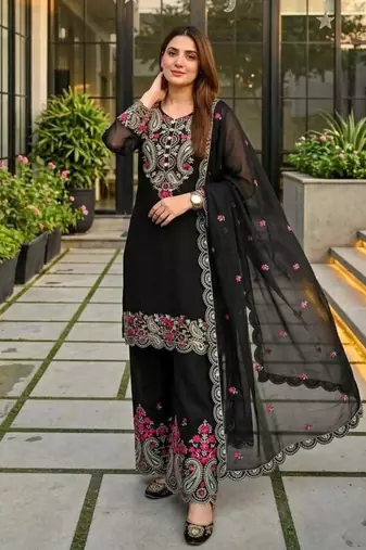 Black silk blend embroidered palazzo set