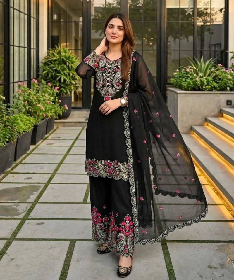 Black silk blend embroidered palazzo set