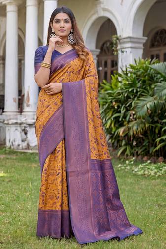 MUSTARD BLUE ART SILK BANARASI JACUARD WORK SAREE WITH UNSTITCHED BLOUSE PIECE