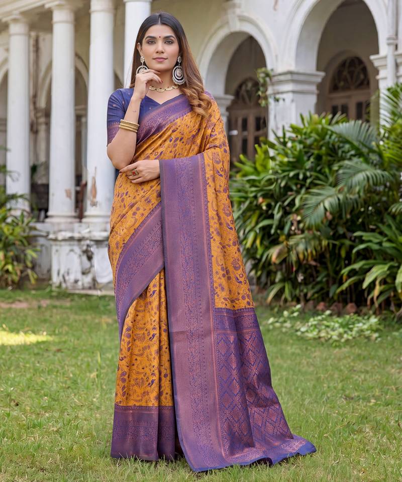 MUSTARD BLUE ART SILK BANARASI JACUARD WORK SAREE WITH UNSTITCHED BLOUSE PIECE