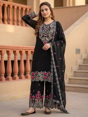 Black silk blend embroidered palazzo set 2