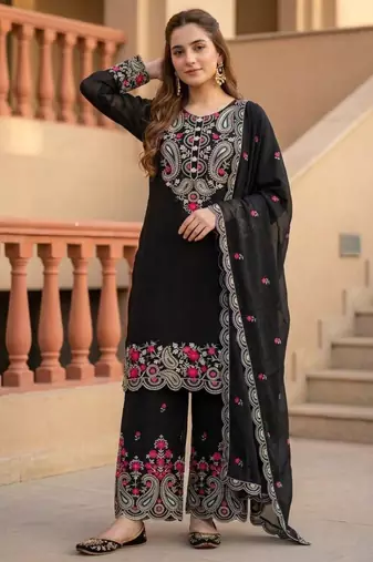 Black silk blend embroidered palazzo set