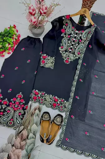 Black silk blend embroidered palazzo set