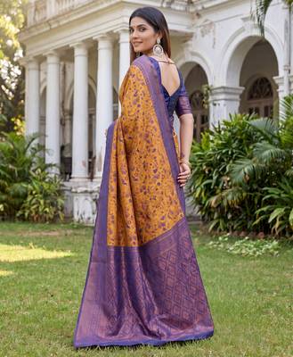 MUSTARD BLUE ART SILK BANARASI JACUARD WORK SAREE WITH UNSTITCHED BLOUSE PIECE 2
