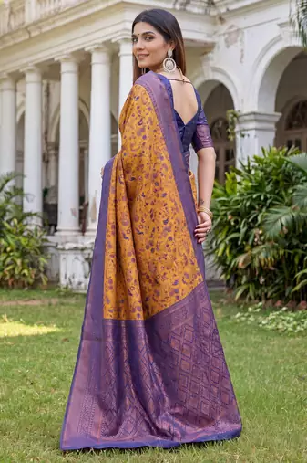MUSTARD BLUE ART SILK BANARASI JACUARD WORK SAREE WITH UNSTITCHED BLOUSE PIECE
