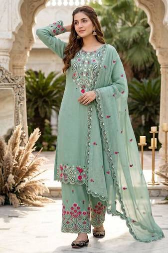 Green silk blend embroidered palazzo set