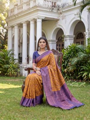 MUSTARD BLUE ART SILK BANARASI JACUARD WORK SAREE WITH UNSTITCHED BLOUSE PIECE 3