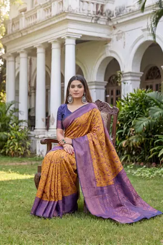 MUSTARD BLUE ART SILK BANARASI JACUARD WORK SAREE WITH UNSTITCHED BLOUSE PIECE