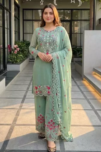 Green silk blend embroidered palazzo set