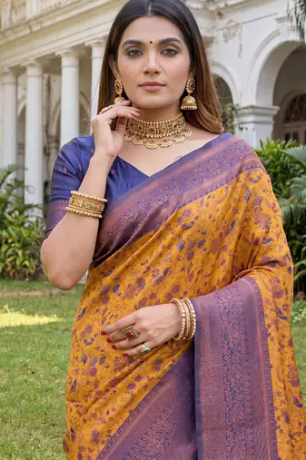 MUSTARD BLUE ART SILK BANARASI JACUARD WORK SAREE WITH UNSTITCHED BLOUSE PIECE